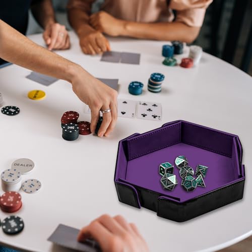 SIQUK Magnetic Folding Dice Tray Hexagon Dice Rolling Tray PU Leather Dice Trays Foldable Dice Holder Dice Rolling Mat Storage Box for D&D RPG Dice Games, Violet - color: Violet