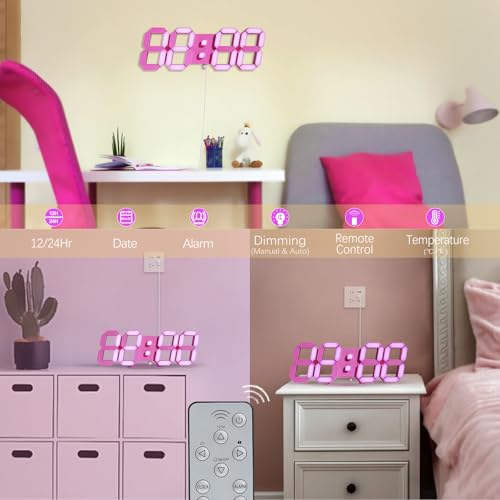 KOSUMOSU Pink LED Clock 3D Wall Clock 9.7" Table Clock for Living Room Modern Digital Clock for Bedroom Aesthetic Bedside Desk Clock with Remote/Dimming/12/24H/Temp/Alarm Clock/Date - color: 9.7in Pink Clock-pink Light
