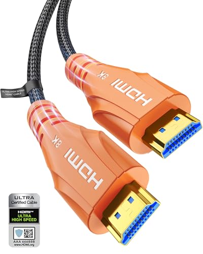 Cratree 8K HDMI Cable - Certified 8K HDMI 2.1 Cord Ultra High Speed HDMI Cable,48Gbps Braided 8K 60hz,4K 120hz,eARC,HDCP 2.2&2.3 - Compatible for HDTV/PS5-15 FT - size: 15FT-orange