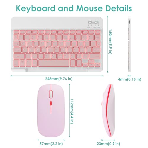 LAMA 7 Colors Backlit Bluetooth Keyboard and Mouse Combo for iPad Pro/Air/Mini, Ultra-Slim Rechargeable Wireless Keyboard and Mouse for iPhone 15/14/13 Pro/Samsung/PC/Laptop/iOS/Windows/Android,PK - color: Pink