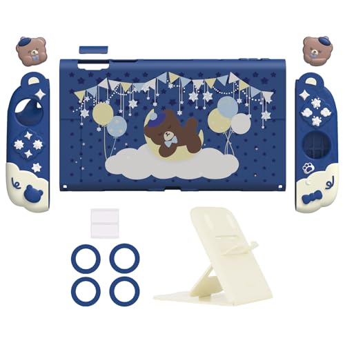 PlayVital Good Night Bear Dockable Case for Nintendo Switch 2 with Stand | Split Design Silicone Joycon Grips, PC Console Hard Shell, 2 Joystick Caps | Cute Protective Cover Bundle – Midnight Blue - color: Blue
