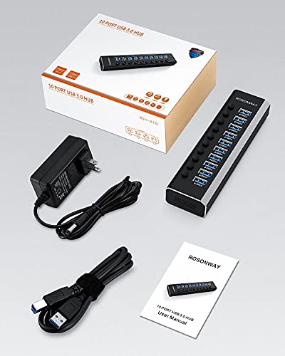 10-Port Powered USB Hub, Aluminum USB 3.0 Data Hub 36W, RSH-A10 | USB Extender Hub Splitter with 12V/3A Power Adapter and Individual On/Off Switches, for Laptop and PC - size: 10-Port Powered USB Hub