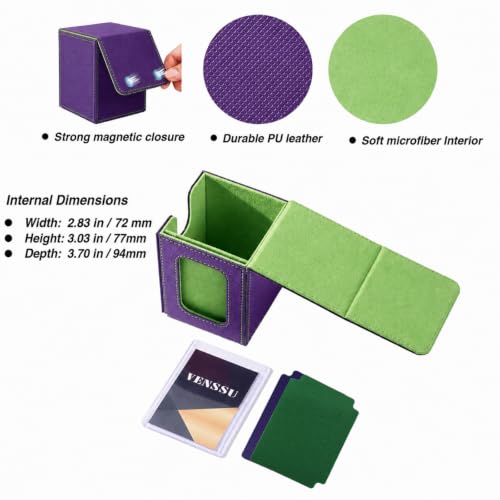 Venssu MTG Deck Box with Commander Display Window (Purple&Green) | Holds 120 Single-Sleeved/ 100 double-sleeved cards, Fit MTG/PTCG/OPTCG Cards, Strong Magnetic Closure, Sturdy PU Leather - color: Purple&Green