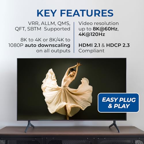8K HDMI Splitter 1x8 – 48Gbps HDMI 2.1 Splitter 8 Port, 8K@60Hz 4K@120Hz, HDR Dolby Vision, HDCP 2.3, Downscaling 8K to 4K 1080p, Powered HDMI Splitter for TV Gaming Display - size: 8K Splitters 1x8