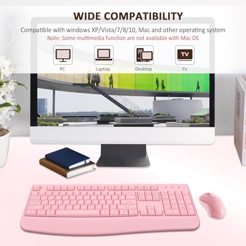 Wireless Keyboard and Mouse Combo, EDJO 2.4G Full-Sized Ergonomic Computer Keyboard with Wrist Rest and 3 Level DPI Adjustable Wireless Mouse for Windows, Mac OS Desktop/Laptop/PC (Pink) - color: Full Pink