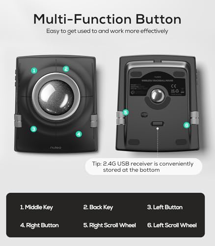 Nulea Wireless Trackball Mouse, Ergonomic 55mm Trackball, Adjustable DPI for Precise Control, Left or Right Hand Compatible, Rechargeable, Multi-Device Bluetooth & 2.4GHz (Silver) - color: F-Silver