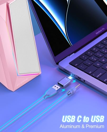 LENRUE Computer Speakers, USB/USB-C Powered PC Speakers with Loud Stereo Sound, Headphone-in for Desktop, Laptop, Monitor (USB-C to USB Adapter Included) (Pink) - color: Pink