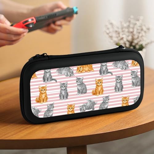 PPIKTC Game Console Storage Bag Compatible with Nintendo Switch, Pink Stripes Cute Cat Hard Shell Shockproof Travel Carrying Pouch with 15 Game Cartridges - color: Design (219)