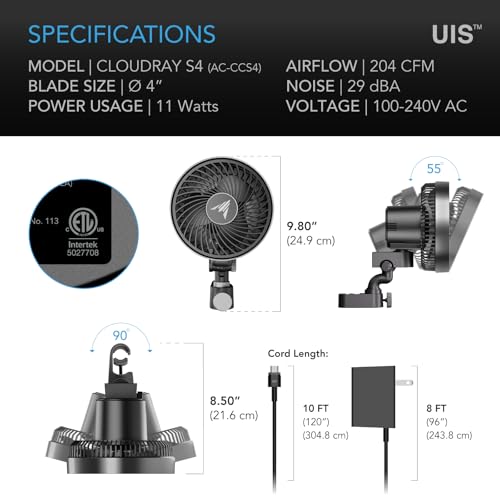 AC Infinity CLOUDRAY S4, Ultra-Compact Grow Tent Clip Fan 4” | Precision 10 Dynamic Wind Speeds, 10-Level Oscillation, IP-54 Weatherproof, High-Velocity Air Circulation for Grow Tents - size: 4", Auto Oscillation