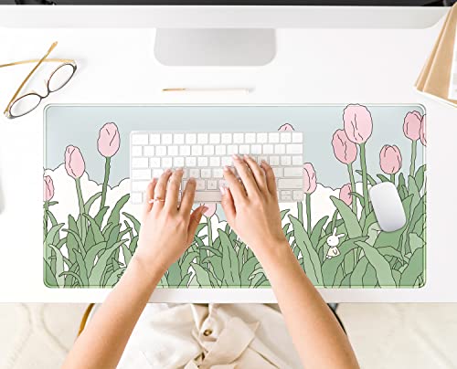 WatercolorTulip Flower Mouse Pads,Extended Gaming Mousepad XXL Kawaii Anime Desk Mat Pink Green Large Full Desk Mouse Pad for Wireless Mouse Keyboard Mat with Stitched Edges 31.5" x15.75 - color: A Pink Tulip