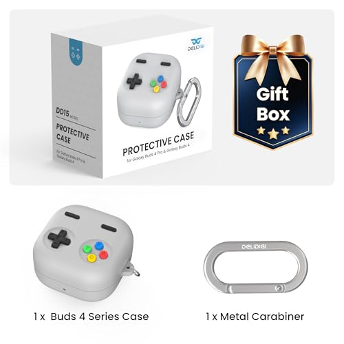 Delidigi Retro Gaming Case Compatible with Samsung Galaxy Buds 4 Pro & Galaxy Buds 4 (2026) – Silicone Protective Cover with Carabiner, Game Console Style Earbuds Case Accessories - color: Light Grey, size: Galaxy Buds 4/Galaxy Buds 4 Pro (2026)