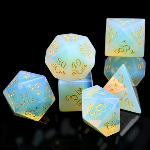 Haxtec Opal Gemstone DND Dice Set with Dice Case Precious Gemstone Dice Set for Dungeons and Dragons TTRPG Gifts for Dungeons Masters - color: White Gold