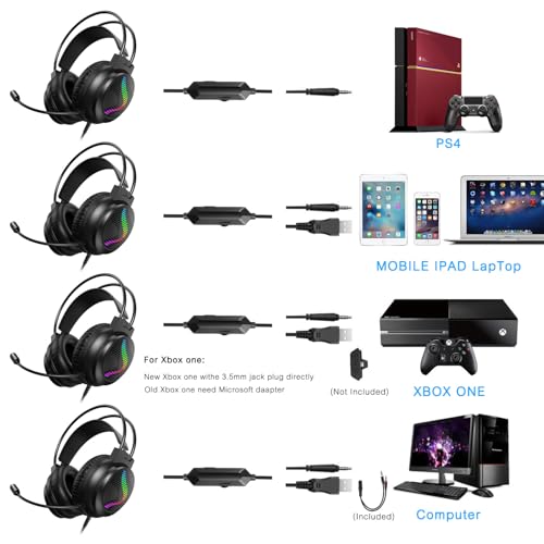 J11 Gaming Headset with Microphone, Noise Cancelling Gaming Headphones Compatible with PS4 PS5 Xbox One PC Laptop, Over-Ear Headset with LED RGB Light, 7.1 Stereo Surround Sound (Black) - color: Black