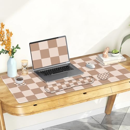 Beige Khaki Checkered Mouse Pad Set, 4 in1 Large Gaming Ergonomics Keyboard Desk Mat with Memory Foam Wrist Rest, Extended Game Mousepad, Non-Slip Desk Pad Matt Easy Typing Pain Relief - color: Beige Khaki Checkered