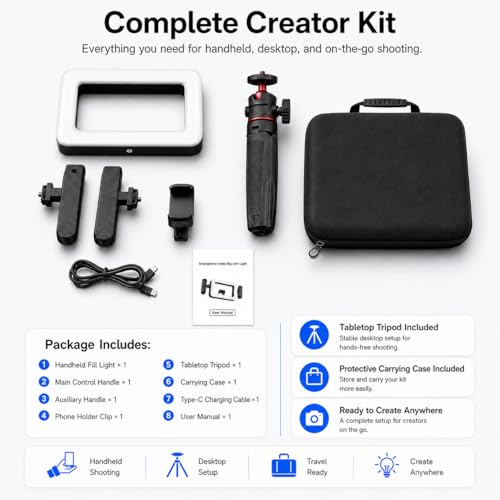 Smartphone LED Ring Light Video Rig Kit with Desktop Tripod Stand, Carrying Bag & Bluetooth Remote, Handheld Phone Stabilizer for Selfies, Makeup, Live Streaming, Vlogging