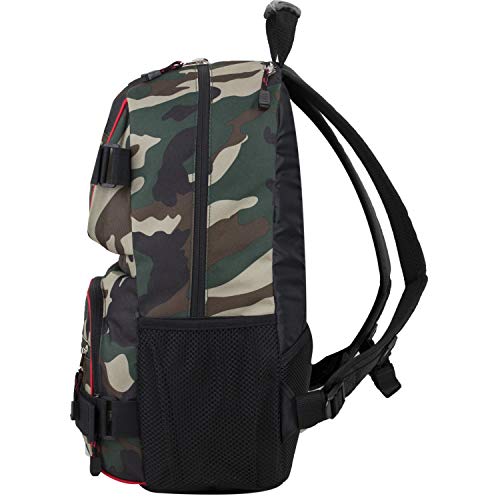 Eastsport Travel Skateboard Backpack Double Strap Laptop Bag Multi-Sport Design for Men and Women, Black Green Camo Red Trim - color: Black/Hunter Green Camo/Poppy Red Trim
