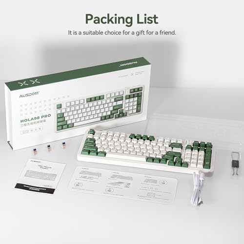AUSDOM 98Pro Wireless Mechanical Keyboard, Tri-Mode BT/2.4GHz/USB-C Hot Swappable Custom Gaming Keyboard with Backlit, Gasket Structure, Linear Switches for Windows/Mac/PC (Clicky Sound) - color: Green