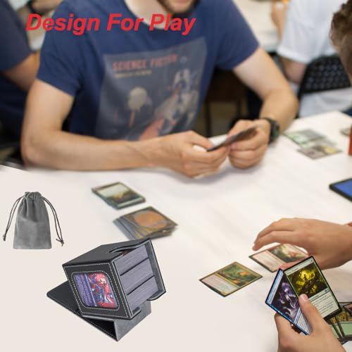 AFIING MTG Deck Box for Commander Display,Card Deck Box Fits 100 Double Sleeved Cards, Magic Commander TCG Card Storage Box with 2 Dividers,Drawstring Bag and 1 Toploader(Black/grey) - color: Commander Black Grey