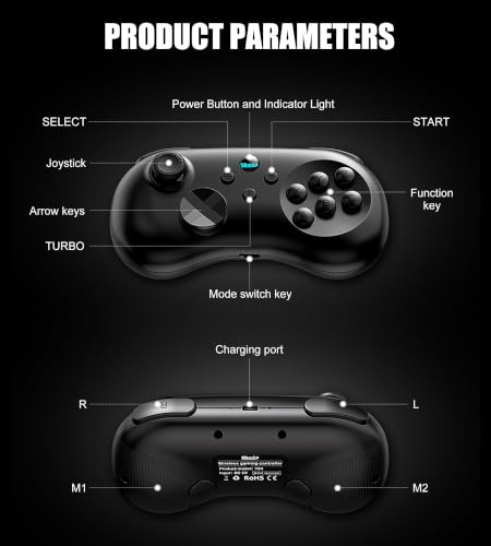 Wireless Fighting Controller for iOS/Android/Switch/PS4/PS3/PC, 6-Button Layout Bluetooth Controllers Retro Gamepad with Hall Joystick/Hall Trigger/Turbo/Programming Key for SEGA’s Classic Games,Black. - color: Black