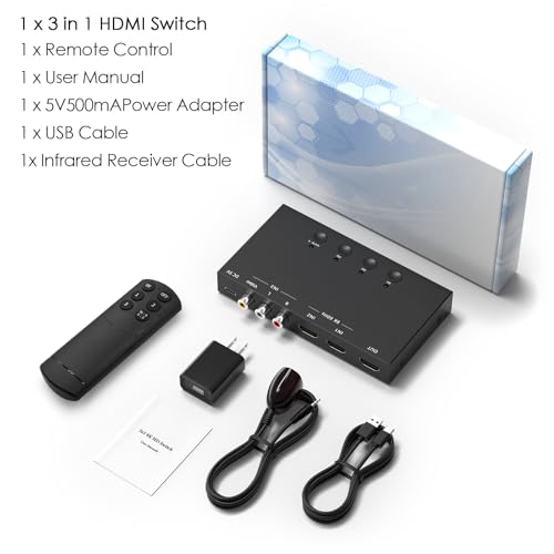 3-Port 8K@60Hz HDMI Switch with AV Input, 2X HDMI & 1x RCA to HDMI Converter Supports HDR10, HDCP 2.2, 3D with IR Remote Control, Compatible with Xbox/PS2/Nintendo Switch,Xbox,PS5/PS4,Roku,Apple TV - size: 8K@60Hz 2x HDMI & 1x RCA