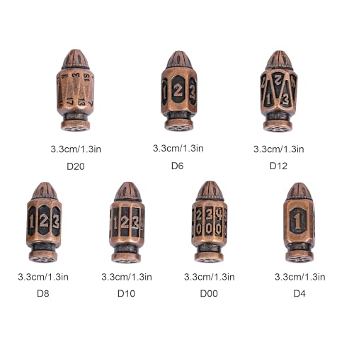 UDIXI Metal DND Bullet Dice Set, Polyhedral Bullet Metal Dice Set Copper | 7PCS, Cool Style, Magazines Container and PU Leather Bag, for D&D Dungeons and Dragons Role Playing Games and Tabletop Games - color: Copper