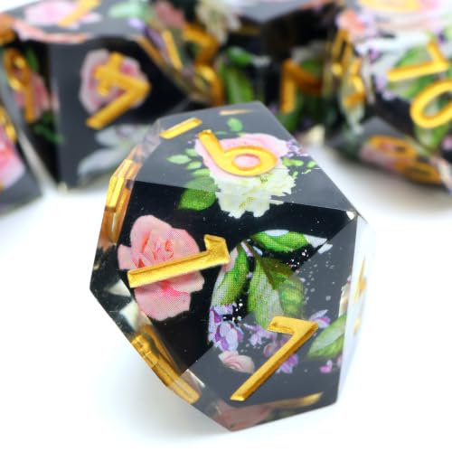 XENOLUX DND Dice Set - Sharp Edge Resin Polyhedral RPG Dice for Dungeons and Dragons Board Games, Elegant Floral Rose Design with Tin Box (L4) - color: L4