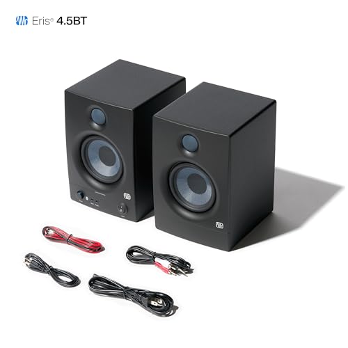 PreSonus Eris 4.5BT Bluetooth Studio Monitors, Pair — 4.5" Inch Powered Bookshelf Speakers, Stereo, Desktop Computer, Near Field Music Production, Audio Mixing Recording | Pair • Bluetooth 5.0 • 4.5 Woven Woofer • 1 Silk-Dome Tweeter • 50W Class Ab • 70hz