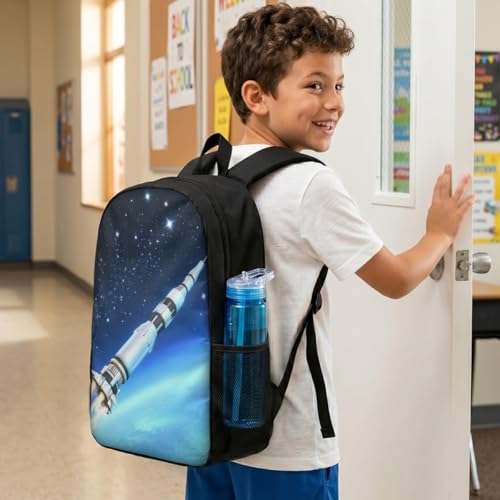Back Pack School Bag Bookbag for 6+ Years Old Kids Boys Girls 17 Inch Black Lightweight Daypack Rocket Pattern - color: Rocket Backpack