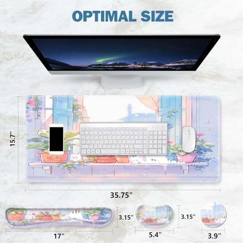 ToLuLu Extended Gaming Mouse Pad, Ergonomic Keyboard Mouse Wrist Rest Set | Large Desk Mat with Stitched Edges, Non-Slip Base Memory Foam Support Mousepad for Home Office and Game, Purple Cute Cat - color: Purple Cute Cat