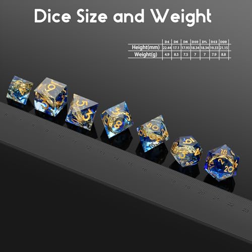 DNDND Sharp Edge D&D Dice Set - 7-Piece Swirl Resin with Golden Ring Inside with Gift Case for DMS & Players - Blue - color: Ring Blue
