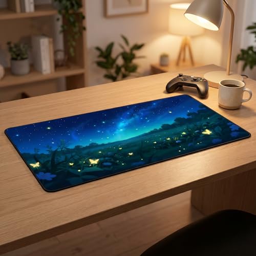 XXL Gaming Mouse Pad 23.6x11.8 inch,Dazzling Starry Sky Landscape Theme Desk Mat,Glowing Butterfly Flower Scene Large Mousepad,Fantasy Artistic Keyboard Mouse Mat (Deep Indigo Starry Sky) - color: Deep Indigo Starry Sky