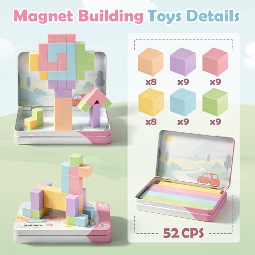 52 PCS Magnetic Blocks with Metal Box, 0.8in Mini Building Cubes Travel Set | Magnetic Building Blocks Toddler Travel Essentials Toys, STEM Educational Magnet Building Sensory Toys for Boys Girls Gifts - color: Pink