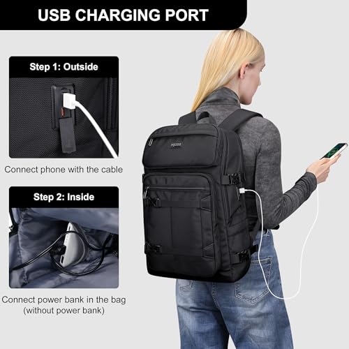 PIJUSHI Casual Travel Backpack for Women with 16" Padded Laptop Compartment | Carry On Luggage with USB Charging Port, 1680D Water-Resistant Nylon, Airline Approved, For Daily, Hiking - color: Black