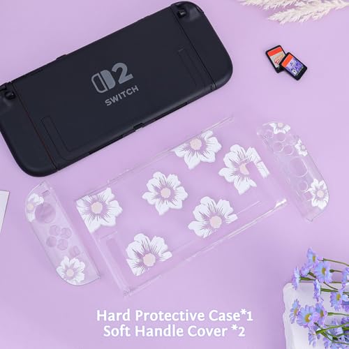 DLseego Protective Case Flower Floral Clear Switch 2 (2025), Detachable Joy-Handle Protective Case 2-Piece Split Full Wrap PC Hard Shell Anti-Scratch All-Round Protection Cover, Sakura, White - color: White