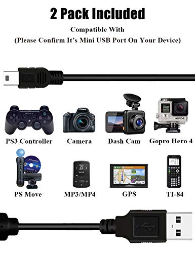 2 Pack 10ft PS3 Controller Charger Cable - Fast Mini USB Data Charging Cord for PS Move PlayStation 3 Wireless Controller, TI84 Plus CE, Digital Camera