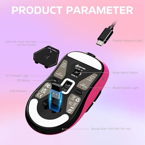 ATTACK SHARK X3 Wireless Gaming Mouse, 49g Ergonomic Computer Mouse, Triple Modes PAW3395 26K DPI Optical Sensor, 200h Battery Life, Programmable Buttons, Gaming Accessories for PC/Laptop/Mac (Berry) - color: Berry