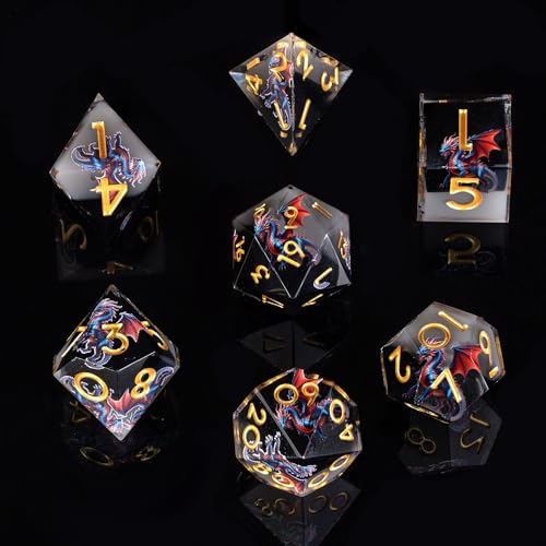 Dragon Pattern Double Layered Black and White Resin DND Dice Set, d4 d6 d8 10 d12 d20 7Pcs Sharp Edge D&D Dice for RPG MTG D and D Role Playing Desktop Games - color: Dragon Black+white