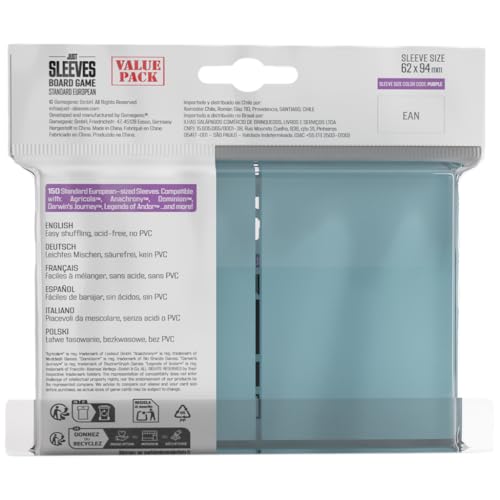 Gamegenic Just Sleeves - Standard European Value Pack (150 Pack), 59×91 mm Card Sleeves, Cost-Effective Protection Compatible with Prime Purple Size, Entry-Level Clear Sleeves