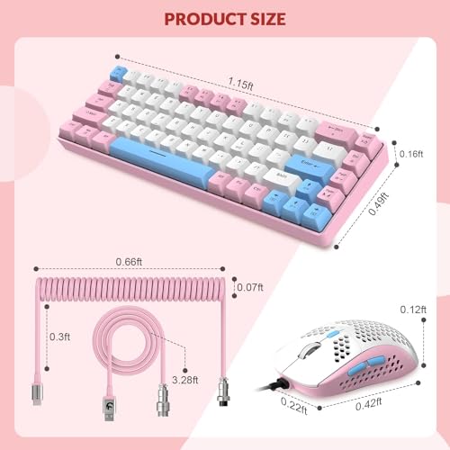 ZIYOU LANG T8PR0 Wired 65% Mechanical Gaming Keyboard and Mouse Combo-Pink | RGB Backlit,Anti-ghosting,TKL,Mini 68 Key,Coiled C to A Cable,Tactile Blue Switch,Ultralight Mice for PS4 Xbox PC Mac Gamer - color: Pink White Blue, size: 65% Keyboard + Mouse
