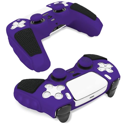 SIKEMAY Anti-Slip PS5 Controller Skin, Soft Thicken Non-Slip Silicone Gel Protective Cover Case for PlayStation 5, 2 Pack with 8 x Thumb Grip Caps - color: Purple-Black