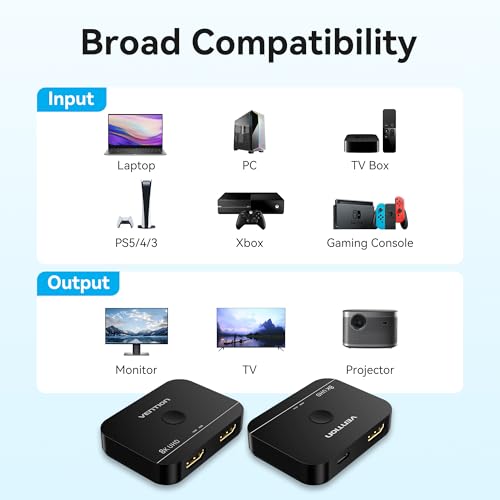 VENTION 8K 2x1 HDMI Switch, 4K@120Hz HDMI Splitter Switcher, 2 in 1 Out with LED Indicators, Supports HDR, 3D, Dolby, Compatible with Laptops, PC, Xbox Series, PS5/4/3, Blue Ray, Projector - color: Black