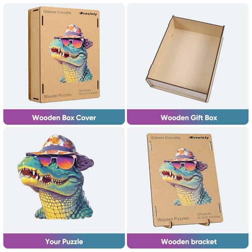Reouinty Wooden Puzzle 500 Piece, Cool Glasses Crocodile Jigsaw Puzzles, Unique Puzzle, Beautiful Wooden Puzzle with Box Birthday Gifts for Family Game 16x17.6 in - color: Glasses Crocodile, size: 500pcs