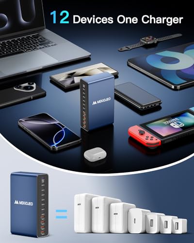 12 Ports Aluminum Alloy 380W Charging Station Fast USB C Charger Block | 65W Laptop GaN Charger for MacBook Pro/Air/iPad Pro/iPhone (Blue) - color: Blue