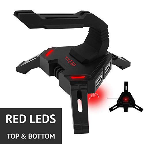 Tilted Nation Gaming Mouse Bungee Cord Holder with 4 Port USB Hub For PC & XBOX Wired Mice - Pro Esports Drag-Free Cable Management - Red LED