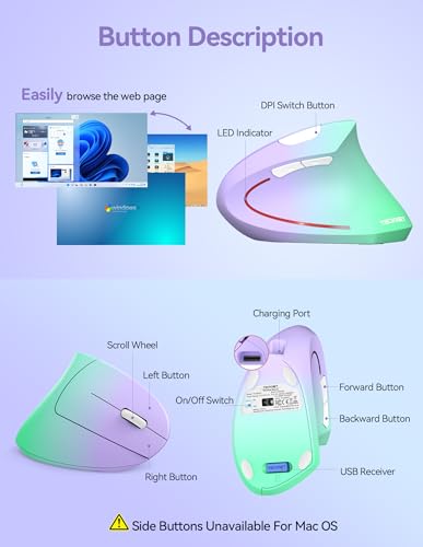 TECKNET Wireless Ergonomic Mouse, Rechargeable Wireless Vertical Mouse | Rechargeable, 2.4GHz USB Receiver, Silent Click, 6 Adjustable DPI up to 4800, 6 Buttons for Laptop, PC, Green and Purple - color: Green and Purple