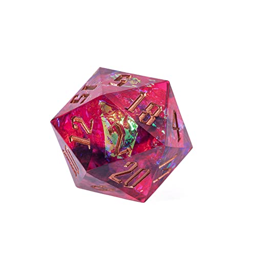 Cusdie Single D20 DND Dice with Sharp Edges and Glitter Foil Inclusions, 20 Sided D&D Dice, 33mm Handcrafted, for Role Playing Game(Rose Red/B) - color: Rose Red