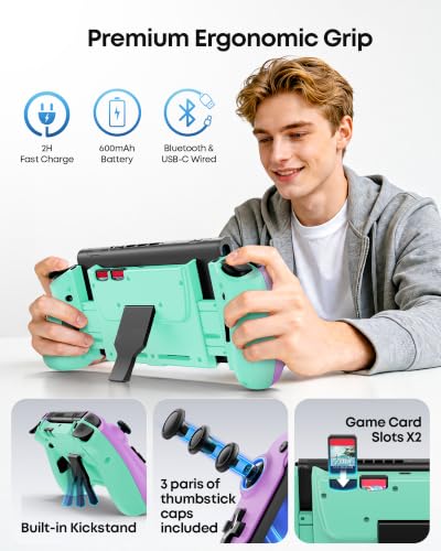 OIVO VGA DESIGN Switch Controller Handheld for 1/2/OLED, Ergonomic Grip Stretch Joypad for SW Console, Wireless Controller with TMR Joysticks, RGB Lighting, Turbo, 4 Macros & Card Slot - color: Purple & Green