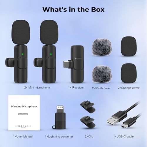 Wireless Microphone for iPhone, Android Wide Compatibility Noise Reduction Clear Sound Lavalier Microphone for Podcast, Video Recording, Live Streaming, YouTube, Tiktok, Vlog, 2 Pack