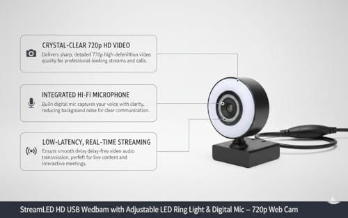 StreamLED HD USB Webcam with Adjustable LED Ring Light & Digital Mic – 720p Web Cam for Streaming, Zoom Meetings, Video Calls, Conferencing, Online Classes & Remote Work Setup