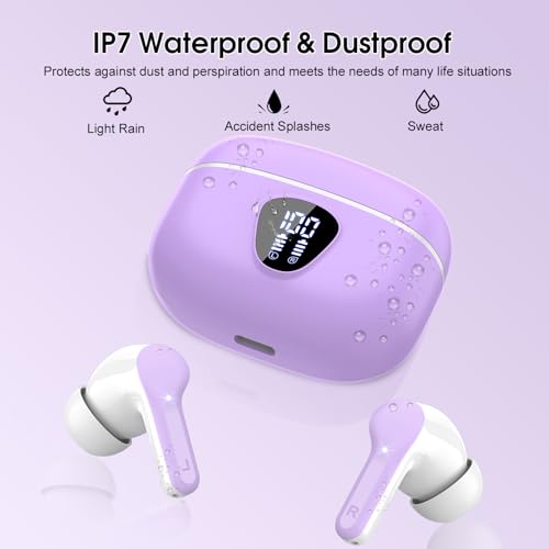 Wireless Earbuds, Bluetooth 5.4 Headphones HiFi Stereo, Bluetooth Earbuds with ENC Noise Cancelling Mic, IP7 Waterproof in Ear Earphones, 48H, LED Display Ear buds for Pad Workout Sports, Purple - color: Purple